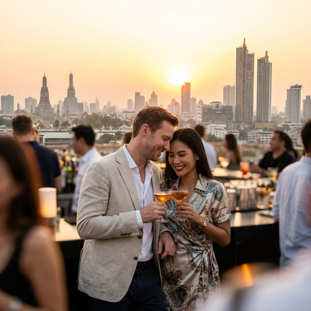 First date at a Bangkok rooftop bar with city skyline view