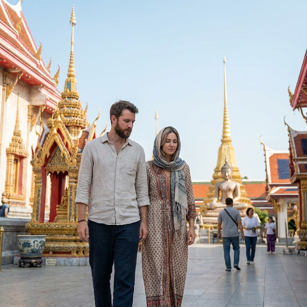 Elderly Western man and middle-aged Thai woman together at a Thai temple