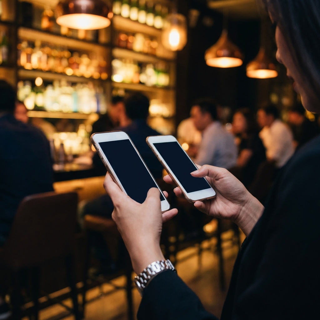 Thai bar girl using multiple phones to manage different relationships