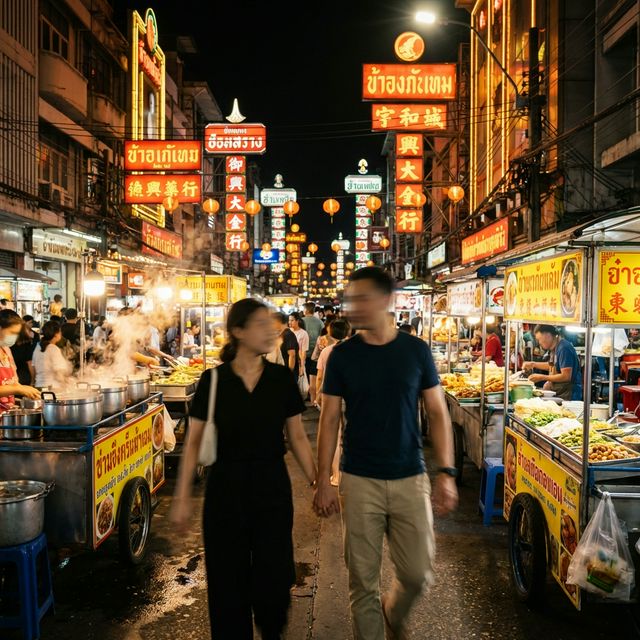 Couple walking together at Bangkok night market