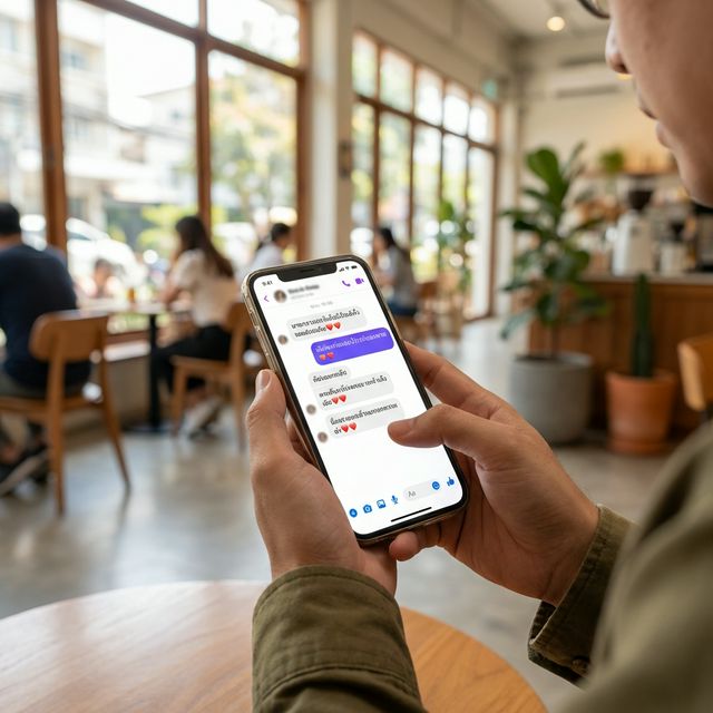 Thai woman checking phone and smiling