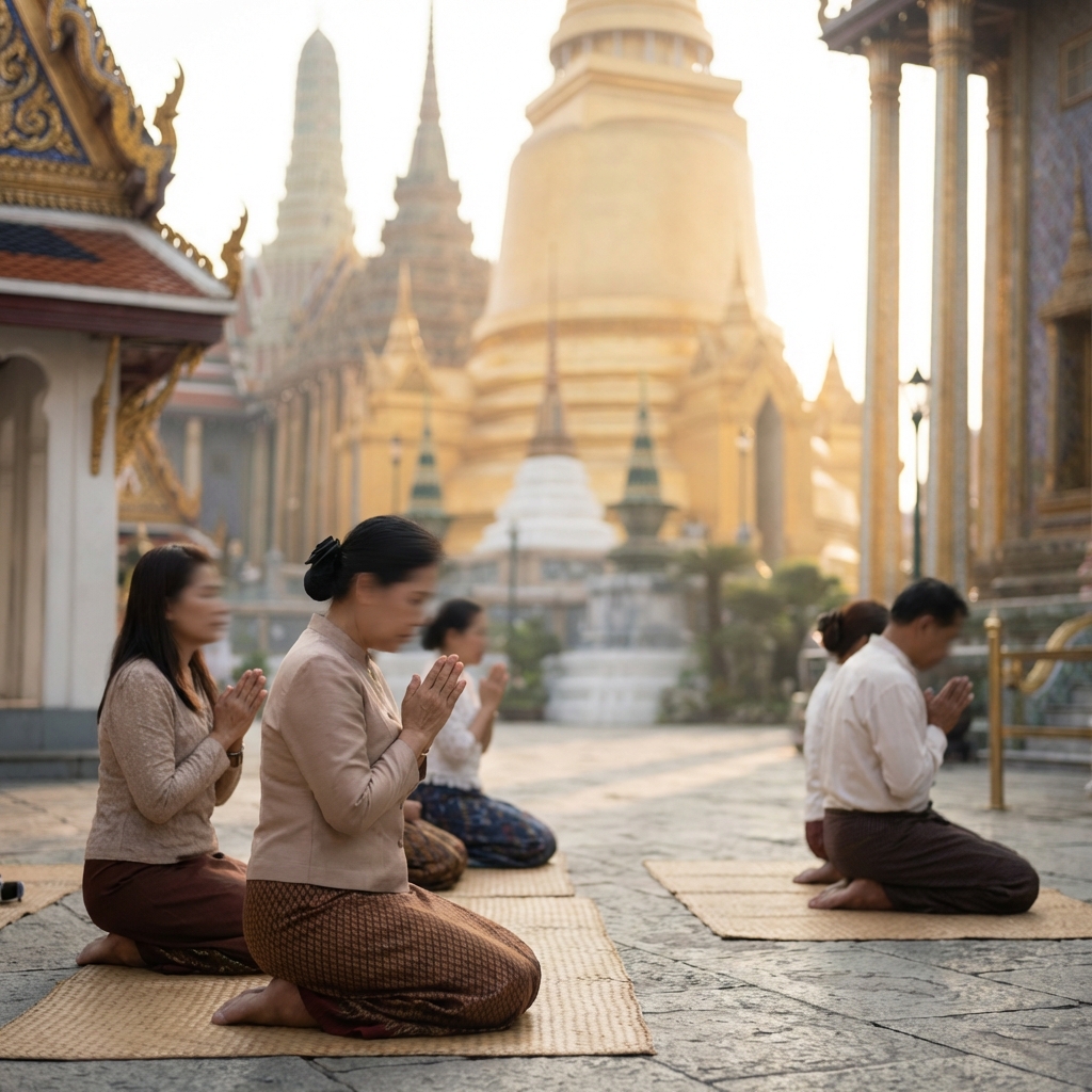 Couple at Wat Pho temple in Bangkok during morning light
