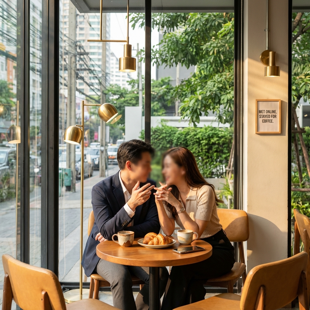 Thai couple enjoying coffee at a local Bangkok cafe