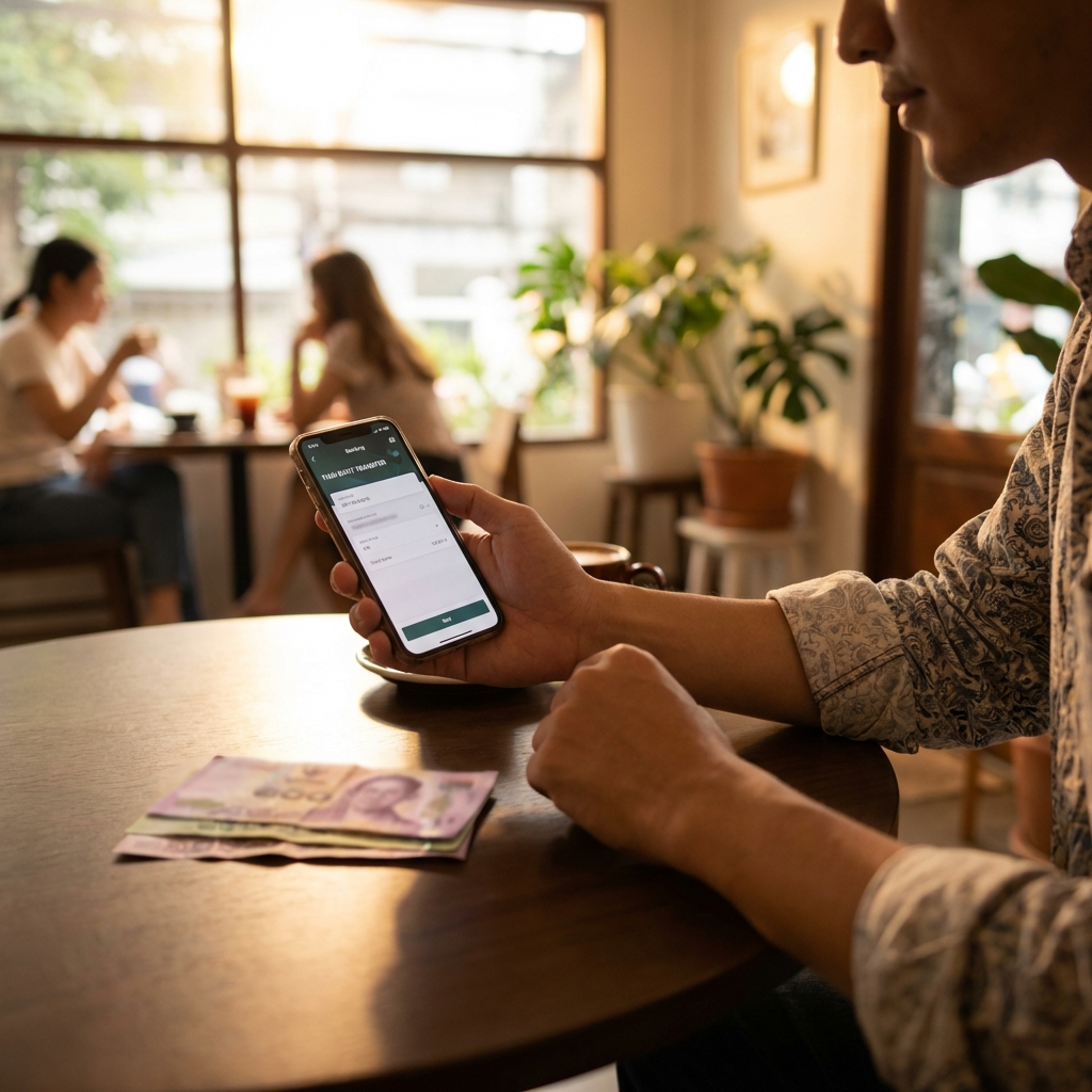 Hands holding smartphone with money transfer app showing Thai baht transaction