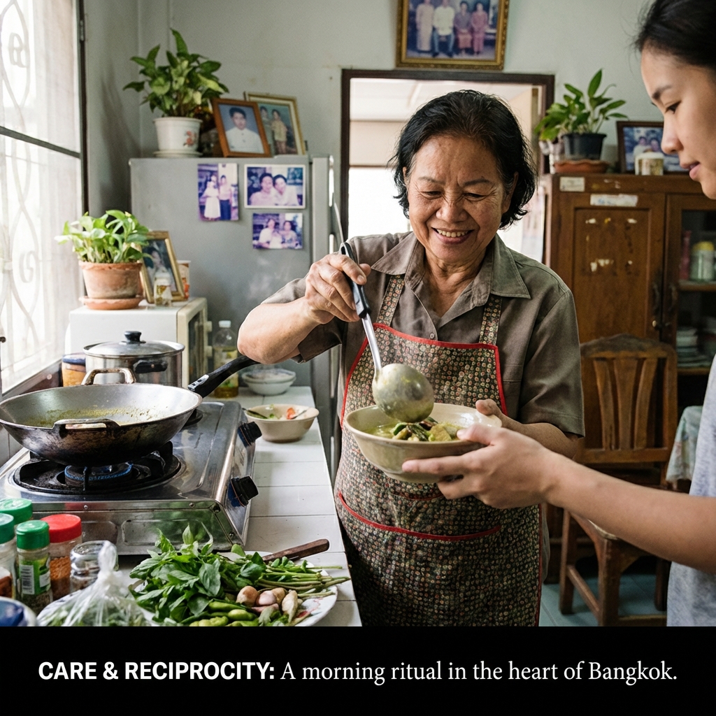 Thai girlfriend cooking and caring for partner showing reciprocity